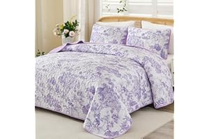 WONGS BEDDING King Quilt Set, 3 Pieces Botanical Bedspreads Set Purple Lightweight Toile Plants Pattern Coverlet Home Decor for All Seasons(104"×90")
