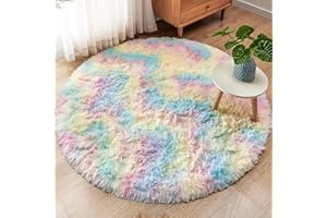 ROHATIM Teppich Rund 100 cm Regenbogen Waschbar Rutschfester Runder Hochflorteppich Wohnzimmer Kinderzimmer Schlafzimmer Flauschig