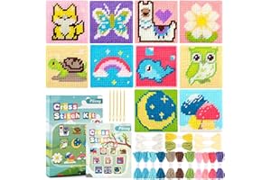 Pllieay Kit de Punto de Cruz para Principiantes Niños, Kit de Bordado para Principiantes Incluye 10 Piezas de Lienzo de Malla Plástica con Diferentes Diseños, 14 Hilos de Colores