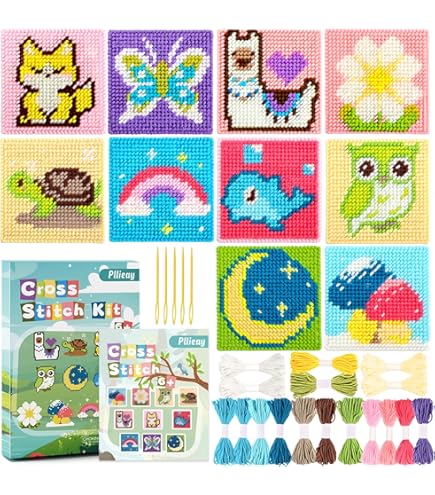 Kit Punto Croce Per Bambini - 6 Schemi Animali, Filo Da Ricamo, Cerchi E Aghi, Ideale Per Portachiavi - Foto 12