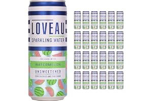 LOVEAU Sparkling Water - Infused with Watermelon- 24 x 330ml Cans- Unsweetened. Zero Calories, NO Sugar or Sweeteners. Made with Real Fruit, 100% Natural, Transparent