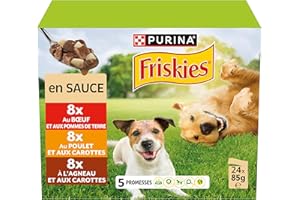 PURINA FRISKIES | Patée pour Chien Adulte | en Sauce | Au Poulet, Bœuf, Agneau et Légumes | Aide à Maintenir Un Regard étincelant, Un Poil Brillant et Une Peau Saine | Sachets Fraîcheurs | 24 x 85 g
