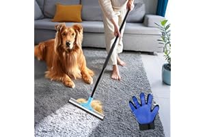 OKKÖBI Quita Pelos Mascota – Pet Hair Remover – Escoba de Goma para Perros y Gatos – Escoba de Silicona para Barrer – Cepillo Mascotas - Alfombras, Suelos, Muebles – Palo Extensible Limpieza - Azul