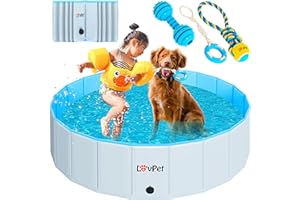 Lovpet® Piscine Pliable pour Chiens Piscine pour Grands et Petits Chiens, Jouets pour Chiens Inclus Piscine Pliable pour Chiens Pataugeoire pour Enfants et Chiens Gris Clair/Azur (L) 120 cm Ø