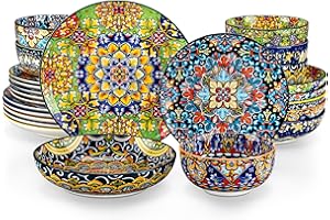 vancasso SIMI Dinner Set- 24 Pieces for 6 People, Porcelain Plates and Bowls Set, Bohemian Style Dinnerware Sets, Scratch Resistant Dinner Service Set, Dishwasher and Microwave Safe