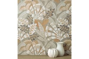 GAULAN - 682002 Papier peint en vinyle feuilles ethniques sur fond gris texturé style tropical pour mur salon couloir chambre à coucher entrée - Rouleaux de 10 m x 0,52 m