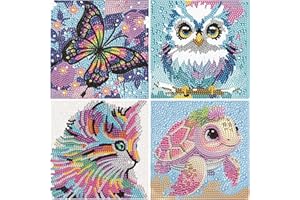 RLXMARTD 4 Pack 5D Cartoon Diamond Painting Kits for Kids, Animal Diamond Mosaic Art Kits,15X15CM Full Drill Gem Painting for Boys,Girls, Beginners,No Frame(Butterfly+Cat+Sea Turtle+Owl)