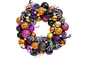 ‎VALERY MADELYN Valery Madelyn Halloween Deko, Halloween Kranz Ø 30cm, Freche Leckerbissen und bruchsichere Kugeln-Ornamente mit Led Licht für Haustür, Wanddekoration, Party