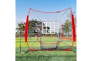Qswrd Baseball Hitting Net Portable 7 x 7 ft Softball Practice Net Strudy Foldable Pitching Batting Net Systems with Strike Zone - Bow Frame and Carry Bag, Skill Levels, Red
