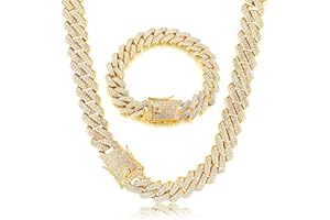 Roheafer Cadena Cubanos Iced out para Hombres Pulsera Collar Eslabones Cubanos Miami 14 mm Collar Pulsera Cadena Diamantes Brillantes Chapada Oro 18K Hip Hop Joyas para Hombres Mujeres