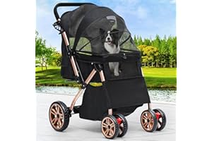 YITAHOME Pet Buggy with Reversible Handle, Foldable Dog Stroller for Small Dogs, Mesh Windows, Cup Holder, 360° Rotating EVA Wheels with Brakes (Black)
