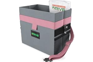 Drive Auto Products Car Bin - Medium Rubbish Bins for Stowing and Tidying w/ Disposable Liners and Adjustable Pink Strap - Car Essentials
