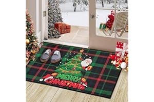LuxFocus Zerbino natalizio, decorativo, per interni ed esterni, motivo scozzese verde, lavabile, antiscivolo, tappeto per ingresso, tappetino invernale, con regalo e albero di Natale, verde, 40 x 60