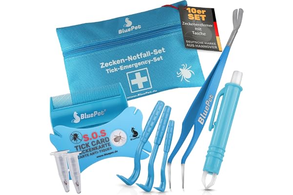 BluePet Set om 10 med ficka, fästingborttagare för hundar, katter och häst med fästingtång, fästingspak, fästingkort I altern
