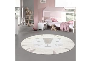 ‎TEPPICH-TRAUM Teppich-Traum Teppich Kinderteppich Hoch-Tief-Effekt leicht zu pflegen Hautsympathisch Katze Creme braun, 120 cm Rund