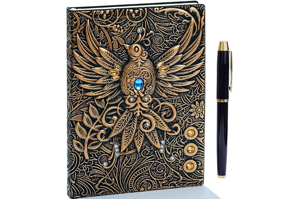 Carnet de notes vintage 3D en cuir gaufré avec stylo doré, A5, Ancien Journal Intime Vintage Cuir Notebook Lined Cahier de Voyage Calepin Bloc Notes Fait Main