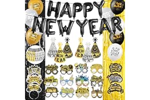 DPKOW 82 x Decoration Cotillons Nouvel an 2026 Paillettes, Rideau Ballon NOUVEL AN Bonne Année Chapeaux Serre Tete Lunettes Paillette Sifflets de Fête pour Nouvel an Déco Kit Accessoires