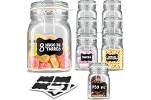 Creative Home 8 x Tarros de Cristal con Tapa Herméticos | 8 x 750ml | Set Botes Envases Cierre de Clip | para Conservar Alimentos | 12 Pegatinas Reutilizables + 1 Tiza Sin Polvo