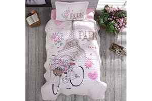 Sibiles - Colcha Bouti Niñas 100% Algodón Turco Ranforce Cama 90 y 105 Eiffel Paris (180x240 cm) Cama 90/105