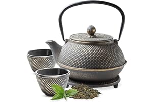 Tealøv TEIERA GHISA SET – Set Completo Teiera in Ghisa con Infusore, 2 Tazze et Sottoteiera – Interno completamente smaltato - Design Elegante in Stile Giapponese (800 ml, Nero/Oro Ser)