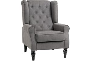 HOMCOM Poltrona Camera da Letto in Stile Francese con Ampia Seduta, Poltroncina Camera da Letto Trapuntato con Braccioli e Imbottitura, con Gambe in Legno per Soggiorno e Ufficio, Grigio Scuro