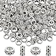SUNNYCLUE 1 Box 200Pcs Tibetan Style European Large Hole Rondelle Spacer Beads Alloy Beads 0.24inch in diameter with 0.14inch Hole Hollow Tube Bead for DIY Necklace Bracelets, Silver