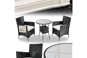 Juskys Polyrattan Balkonset Bayamo 3-teilig - Balkonmöbel wetterfest mit Tisch, 2 Stühle & Kissen - Gartenmöbel Set für 2 Personen - Schwarz/Creme