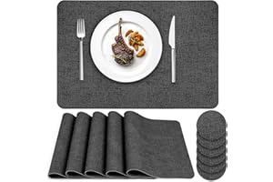 Howala Placemats and Coasters Sets of 6 PU Leather Non-slip Heat Resistant Place Mats Waterproof Washable Dinning Table Mats for Home Kitchen Restaurant Hotel, Dark Grey
