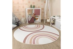 Paco Home Nursery Area Rug Kids Round Rug For Bedroom Girls Boys Rainbow Machine Washable Modern, Size:Ø 100 cm round, Colour:Pink-Rose
