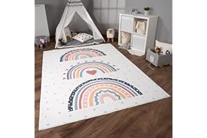 Paco Home Teppich Kinderzimmer Kinderteppich Spielteppich Kurzflor rutschfest Krone Herzen Punkte Sonne Regenbogen Buchstaben, Grösse:160x220 cm, Farbe:Bunt 2