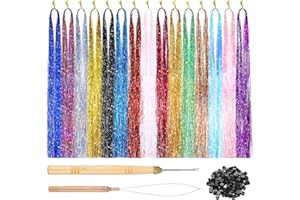 JIYIN Zestaw 16 pasemek do włosów, brokatowe pasemka do włosów, lameta z akcesoriami, brokatowe przedłużanie włosów, dla kobiet, dziewcząt, dzieci, Cosplay, Boże Narodzenie, na imprezę, akcesoria