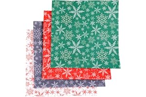 Qpout 4 Pieces Christmas Fabrics(50x50 cm), Four-colour Christmas Fat Quarters Fabric Bundles Patchwork Cotton, Snowflake Design Christmas Material Fabric Panels for DIY Sewing Quilting