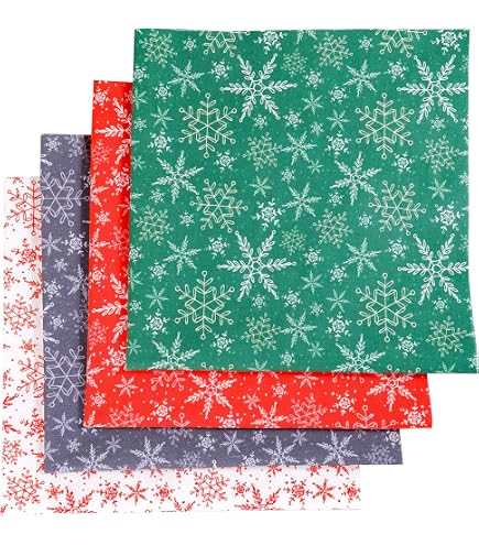 Qpout 4 Pieces Christmas Fabrics(50x50 cm), Four-Colour Christmas Fat Quarters Fabric Bundles Patchwork Cotton, Snowflake Design Christmas Material Fabric Panels for DIY Sewing Quilting