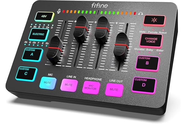 FIFINE Gaming Audio Mixer PC, Table de Mixage avec Carte Son pour Micro XLR, Mélangeur Audio Contrôleur pour Streaming Podcast Enregistrement, Contrôle Individuel, Contrôle de Volume, Bouton de Mute