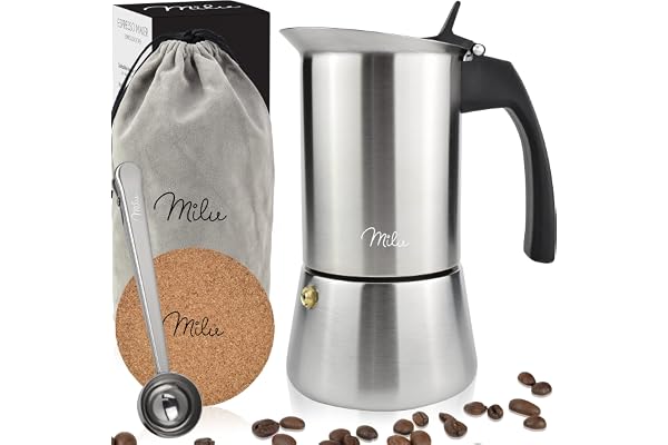Milu Espressobryggare lämplig för induktion | 2, 4, 6, 9 koppar | Mochkanna i rostfritt stål, espressokanna, espressobryggerset inkl. underlägg, sked, borste (6 koppar 300 ml)