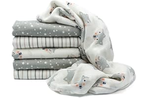 CLEVERE KIDS BABY-COLLECTION Clevere Kids - Confezione da 6 panni di garza, motivo volpe, piccola volpe, grigio chiaro e stelle, certificazione Oeko-TEX, tessuto doppio, 70 x 80 cm, confezione da 6