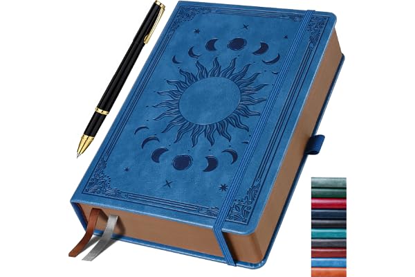 HwxBen Carnet de Journal pour Hommes et Femmes, 360 Pages, Carnet de Journaling avec Stylo, Design Vintage Soleil & Lune, Bleu, 19,6 x 25,4 cm