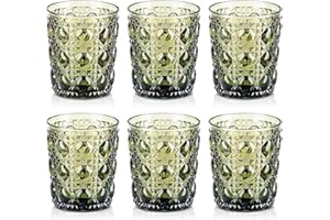 Joeyan 320ml Vasos de Cristal agua Colores, Juego de 6 Unidades Verde Vasos de Vidrio con Relieve Gemas, Decoración Modernos Cristalería para Refrescos,Café,Té,Zumo,Leche,Cócteles, Apto Lavavajillas