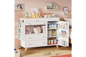 MSFE Cambiador para Bebé con Cambiador Desmontable, Mueble Cambiador Bebe, Cómoda cambiador, Cómoda con 3 Cajones,Estantes laterales,No incluye cojín de mesa, 110 x 100 x 40 cm,fino a 100KG,Dos paquetes