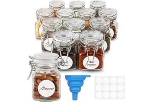 BELLE VOUS 12 Barattoli per Spezie in Vetro Ermetico con Coperchio a Cerniera - 120 ml - Contenitori Riutilizzabili con Etichette e Imbuto - Set Bottiglie per Cucina, Alimenti, Spezie, Erbe e Farina