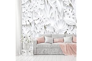 murimage Papier Peint Fleurs 3D 366 x 254 cm colle inclus Photo Mural Blanc Plantes Florale Stuc Trompe l'Oeil Luxe Noble Salon Chambre wallpaper