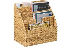 ‎RELAXDAYS Relaxdays Stojak na czasopisma, hiacynt wodny, wolnostojący, 34 x 34 x 20 cm, tkany stojak na gazety z 4 przegródkami, naturalne włókno roślinne, żelazo