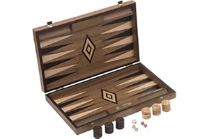 Uber Games Premium Black Walnut Backgammon Set foldable board (48cm x 60cm x 4cm when open) with 30 oak wood counters, 2 dice, doubling die, and storage bag.