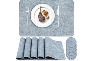 KLK Howala Placemats and Coasters Sets of 6 PU Leather Non-slip Heat Resistant Place Mats Waterproof Washable Dinning Table Mats for Home Kitchen Restaurant Hotel, Light Blue