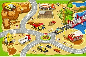 Booooom Jackson Construction Rug,Construction Area Rug Car Road Rug for Play and Learning,Durable Construction Site Play Mat,Construction Play Rug Car Mat for Children,Construction Vehicle Play Mat