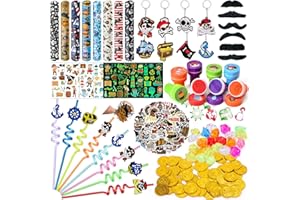 Cleboen 172 Pieces Pirate Party Bag Children's Birthday Party Gift Boy with Straws Children Gold Coins Key Ring Moustaches Luminous Tattoo Sticker Stamp Snap Bracelet Give