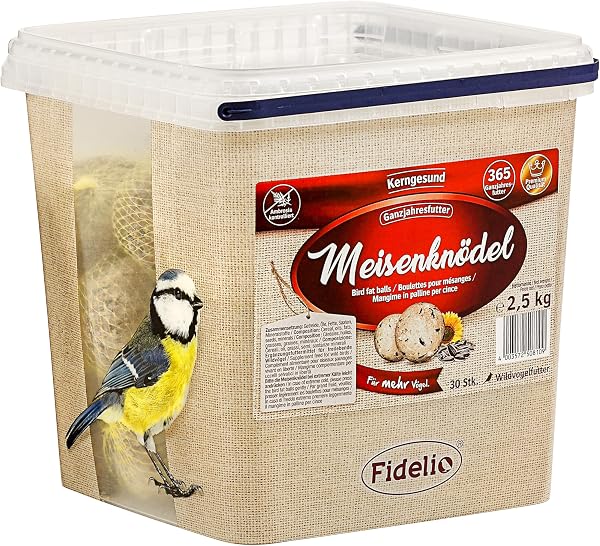 Fidelio Meisenknödel mit Netz, ganzjähriges Wildvogelfutter proteinreich / energiereich, hochwertiges Vogelfutter für Wildvögel, 30 Stück im Eimer, 2.5 kg - 1