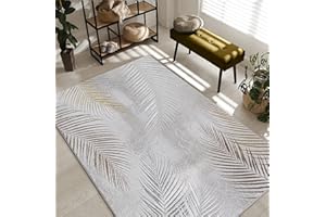 the carpet Mila - Tappeto moderno per soggiorno, elegante e lucido, a pelo corto, 160 x 230 cm, colore: grigio, motivo piuma color oro e argento