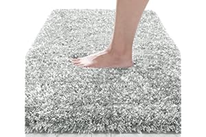 Yimobra Fluffy Plush Bath Mat, Super Shaggy Soft Comfortable Non Slip, Water Absorbent Microfiber Bath Mat, Dries Quickly, Machine Washable Thick Bathroom Floor Rugs, 51 x 81 cm, Light Gray