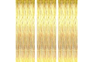 AILEXI 3 Pack 3ft*8ft Metallic Tinsel Curtains Foil Fringe Shimmer Streamers Curtain Door Window Decoration for Party Supplies - Gold